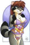 clothed clothing female green_eyes looking_at_viewer mammal michele_light raccoon skimpy solo 