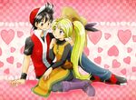  1girl baseball_cap black_hair blonde_hair boots brown_eyes checkered checkered_background chikorita85 couple dress hat hat_feather hat_removed headwear_removed heart heart_background hetero holding holding_hat light_smile long_hair pink_background poke_ball pokemon pokemon_special red_(pokemon) side_slit waist_poke_ball wristband yellow_(pokemon) yellow_dress yellow_eyes 