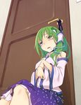  asphyxiation breathplay choking corpse dead death detached_sleeves door dress empty_eyes female green_hair guro hair_ribbon kochiya_sanae necktie ribbon saliva sitting snake tears touhou yoshinome 