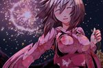  alternate_costume bag blush breasts closed_eyes fireworks floral_print impossible_clothes inubashiri_momiji japanese_clothes kimono large_breasts mazuka_kei night obi open_mouth sash short_hair silver_hair smile solo touhou upper_body 