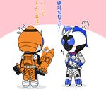  1girl angry armor belt blush_stickers commentary fume hands_on_hips helmet kamen_rider kamen_rider_fourze kamen_rider_fourze_(series) kamen_rider_nadeshiko mask redol rider_belt rocket translated 