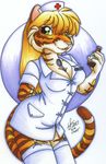  blonde_hair clothed clothing feline female green_eyes hair looking_at_viewer mammal michele_light nurse skimpy solo tiger 