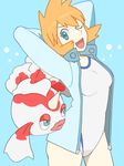  aqua_background aqua_eyes arms_behind_head gen_1_pokemon goldeen jacket kasumi_(pokemon) one-piece_swimsuit one_eye_closed open_mouth orange_hair pokemon pokemon_(creature) pokemon_(game) pokemon_hgss short_hair simple_background swimsuit tegaki 