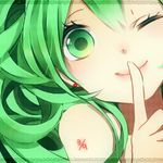  39 earrings face finger_to_mouth green_eyes green_hair hatsune_miku jewelry long_hair lowres one_eye_closed smile solo vocaloid zaki127 