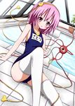  dutch_angle eyeball floor hairband heart highres karamoneeze komeiji_satori one-piece_swimsuit open_mouth pink_eyes pink_hair plant pool potted_plant rei_no_pool school_swimsuit short_hair sitting solo swimsuit thighhighs third_eye touhou white_legwear 