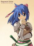  bag blue_eyes blue_hair eating fingerless_gloves gloves hair_ribbon paper_bag ponytail ragnarok_online ribbon solo yuichirou 