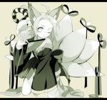  ;3 ahoge animal_ears bad_id bad_pixiv_id bell fan folding_fan fox_ears fox_tail funamushi_nomore kneeling letterboxed monochrome multiple_tails off_shoulder one_eye_closed original ribbon short_hair solo tail 