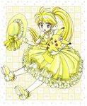  alternate_costume blush_stickers brown_eyes checkered checkered_background chikorita85 chuchu_(pokemon) dress flower frilled_dress frills gen_1_pokemon green_eyes hair_flower hair_ornament hat hat_removed headwear_removed heart heart_background holding holding_hat long_hair looking_at_viewer looking_back partially_colored pikachu pokemon pokemon_(creature) pokemon_special ponytail shoes sitting star starry_background traditional_media very_long_hair yellow yellow_(pokemon) yellow_background yellow_dress 