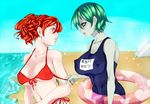  bad_id bad_pixiv_id beach bikini breasts covered_nipples day green_hair himezono_reiko innertube large_breasts multiple_girls ocean red_bikini red_eyes red_hair school_swimsuit short_hair side-tie_bikini strap_pull swimsuit twintails underboob yurikawa_midori zombie zombie-ya_reiko 