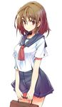  brown_hair glasses holding original red_eyes school_uniform simple_background skirt smile solo ukyo_rst white_background 