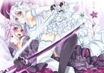  black_gloves black_legwear blush breasts cu-no dress elbow_gloves flower garter_straps gloves hair_flower hair_ornament hisenkaede holding large_breasts long_hair lying multiple_girls official_art on_back open_mouth purple_eyes purple_hair rapua_qive silver_hair sword tears thighhighs weapon white_gloves white_legwear yayoi_sakura yellow_eyes 