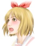  annaka_haruna bad_id bad_pixiv_id blonde_hair blush green_eyes hair_ribbon highres lips nichijou open_mouth realistic ribbon shoumaru_(gadget_box) solo sweatdrop upper_body 