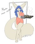  apron big_breasts blue_hair breasts canine cookie cooking eyes_closed female fennec fluffy_tail fox hair long_hair mammal milf mother naked_apron nightfaux parent solo thighs wide_hips 
