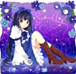  armband bad_id bad_pixiv_id black_hair blue_dress boots bow cross-laced_footwear daisy dress flower flower_request gradient gradient_background hair_bow himemiya_sumire knee_boots legs_up lips long_hair long_sleeves looking_at_viewer parted_lips puffy_sleeves purple_background reflection ripples sitting solo star_sapphire touhou very_long_hair violet_(flower) yellow_eyes 