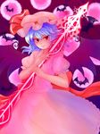  bat bat_wings blouse blue_hair bow buttons eyelashes fang full_moon hands_on_own_chest hat hat_ribbon highres ketama_(mokoneko) light_particles light_smile lips looking_away moon purple_background red_eyes red_moon remilia_scarlet ribbon short_hair skirt solo spear_the_gungnir touhou wings 
