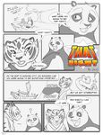  black_and_white comic dialog english_dialog english_text feline greyscale koh kung_fu_panda mammal master_mantis master_tigress master_viper monochrome panda po spot_color text tiger 