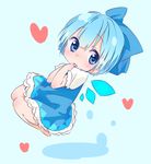  barefoot blue_dress blue_eyes blue_hair blush bow chibi cirno dress hair_bow heart jigatei_(omijin) looking_at_viewer shirt short_hair solo touhou wings 