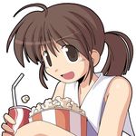  asaba_yuuko brown_eyes brown_hair coca-cola drinking_straw food iriya_no_sora_ufo_no_natsu lowres ponytail popcorn soda solo yuichirou 