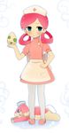  audino egg full_body gen_5_pokemon hat highres holding joy_(pokemon) lying nurse nurse_cap on_stomach pantyhose pokemon pokemon_(creature) signature standing takai_seika uniform watermark web_address 