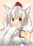  animal_ears blush detached_sleeves hat inubashiri_momiji page red_eyes short_hair silver_hair simple_background sleeves_past_wrists smile solo tail tokin_hat touhou white_hair wide_sleeves wolf_ears 