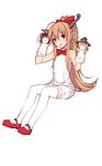  ahoge alternate_costume bare_shoulders blonde_hair blush casual full_body hakurei_reimu hand_puppet highres horn_ribbon horns ibuki_suika kirisame_marisa kugi_ta_hori_taira long_hair mary_janes pointy_ears ponytail puppet red_eyes ribbon shoes shorts simple_background smile solo thighhighs touhou very_long_hair white_legwear 