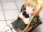  bdsm blonde_hair bondage bound breasts chair game_cg joker_-shisen_no_hate_no_doukeshi- koharubi_hinageshi large_breasts long_hair nipples oryou plaid plaid_skirt purple_eyes rope school_uniform sitting skirt solo thighhighs white_legwear 