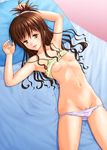  arms_up breasts brown_hair camisole covered_nipples hair_bobbles hair_ornament long_hair lying marukorondo navel nipples on_back open_clothes open_mouth panties panty_pull pussy_juice pussy_peek small_breasts solo sweat to_love-ru to_love-ru_darkness underwear wet wet_clothes wet_panties white_panties yellow_eyes yuuki_mikan 