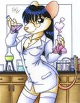 blue_eyes clothed clothing eyewear female glasses laboratory looking_at_viewer mammal michele_light mouse necklace rodent scientist skimpy solo 
