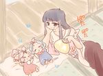  baby black_hair closed_eyes fan fujiwara_no_mokou grey_eyes hair_ribbon houraisan_kaguya kamishirasawa_keine komaku_juushoku lying multiple_girls on_back pillow pink_hair ribbon shirt silver_hair skirt touhou younger 