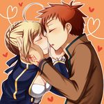  1boy 1girl ahoge blonde_hair blush breasts cleavage cleavage_cutout couple emiya_shirou eyes_closed fate/stay_night fate/zero fate_(series) hair_ribbon hand_on_another's_face hand_on_face heart hearts noses_touching red_hair ribbon saber school_uniform tattoo uniform 