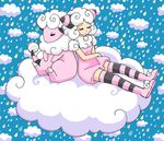  chikorita85 closed_eyes cloud creature dual_persona flaaffy gen_2_pokemon moemon personification pink_skin pink_skirt pokemon pokemon_(creature) pokemon_ears sheep skirt sleeping water_drop white_hair 