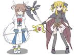  axe black_legwear blonde_hair brown_eyes cosplay fate_testarossa fate_testarossa_(cosplay) hair_ribbon leotard lyrical_nanoha mahou_shoujo_lyrical_nanoha maribel_hearn multiple_girls purple_eyes raising_heart ribbon short_hair skirt staff takamachi_nanoha takamachi_nanoha_(cosplay) thighhighs tori_(minamopa) touhou twintails usami_renko weapon 