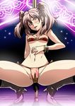  bikini blush boots bracelet brown_hair groin hand_on_own_stomach heart highres jewelry kujikawa_rise midriff navel neon_lights open_mouth persona persona_4 pole pole_dancing solo spread_legs stripper stripper_pole swimsuit tsuki_wani twintails yellow_eyes 