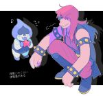  1boy 1girl black_background blue_skin blush_stickers boots bracelet deltarune eyes_visible_through_hair fingernails flying_sweatdrops highres jewelry lancer_(deltarune) long_hair looking_at_another ouse_(otussger) sharp_fingernails shoes sleeveless smirk spiked_bracelet spikes squatting susie_(deltarune) tongue tongue_out 