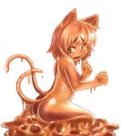  animal_ears cat_ears cat_tail chen embarrassed eyebrows flat_chest goo_girl highres jewelry meganemausu monster_girl monsterification multiple_tails nipples orange_eyes orange_hair orange_skin simple_background single_earring solo tail touhou white_background 