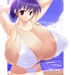  1girl areolae bikini blue_hair digital_tambourine gigantic_breasts inverted_nipples purple_eyes sea short_hair smile 
