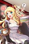  apron blonde_hair blue_eyes collarbone cup cupcake fang flower food frills glowing holding japanese_clothes kimono lolita_fashion long_hair lowres maid musical_note open_mouth plate scrunchie solo spoon sword_girls teacup very_long_hair wa_lolita wooni 
