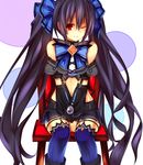  bad_id bad_pixiv_id bare_shoulders black_hair bow ears embarrassed frown fumatake gem hair_bow hair_ornament kami_jigen_game_neptune_v kneehighs long_hair looking_at_viewer midriff navel neptune_(series) noire one_eye_closed red_eyes skirt solo twintails very_long_hair 