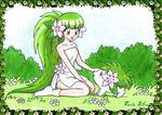  :d bare_shoulders big_hair bush chikorita85 collarbone creature dress eyelashes flower gen_4_pokemon grass green green_eyes green_hair legendary_pokemon long_hair looking_up moemon nature open_mouth personification pokemon pokemon_(creature) shaymin short_dress signature skirt smile traditional_media very_long_hair white_skirt 