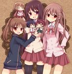  achiga_school_uniform akado_harue atarashi_ako blush bottomless brown_hair cardigan chibi jacket kuromu_(cr0711) long_hair long_sleeves matsumi_kuro matsumi_yuu multiple_girls naked_track_jacket necktie no_panties no_pants ponytail purple_eyes ribbon sagimori_arata saki saki_achiga-hen scarf short_hair siblings sisters smile takakamo_shizuno thighhighs track_jacket 