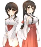  bad_id bad_pixiv_id blush breasts brown_eyes brown_hair hair_ornament hakama hand_on_own_chest iwato_kasumi japanese_clothes jindai_komaki large_breasts long_hair looking_at_viewer miko multiple_girls muttan_(ashiru-f) red_hakama saki short_hair sleeves_past_wrists smile transparent_background v_arms wide_sleeves 