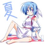  bad_id bad_pixiv_id bare_shoulders barefoot blue_hair dress drinking_straw fan glass half_updo hemogurobin_a1c jitome mai_(touhou) mouth_hold paper_fan purple_eyes short_hair sitting solo touhou touhou_(pc-98) uchiwa wings 