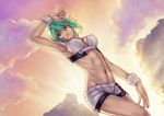  aquarion_(series) aquarion_evol armpits bare_shoulders cloud green_hair guts_(artist) highres midriff navel purple_eyes ribs short_shorts shorts sky solo sunset wrist_cuffs zessica_wong 