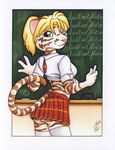  blonde_hair chalkboard clothed clothing english_text feline female green_eyes hair looking_at_viewer looking_back mammal michele_light panties plaid schoolgirl skimpy skirt solo student tail_clothing text tiger underwear upskirt 