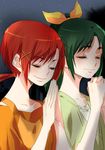  closed_eyes green_hair hino_akane_(smile_precure!) midorikawa_nao multiple_girls orange_shirt ponytail praying precure red_hair shirt smile smile_precure! tima 