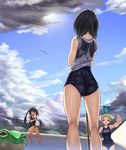  ass bad_id bad_pixiv_id balancing barefoot black_hair blonde_hair blue_eyes bucket bucket_on_head cloud day empty_pool frog from_behind highres hose kneepits kyon_(fuuran) long_hair multiple_girls object_on_head one-piece_swimsuit original outdoors pool rainbow school_swimsuit shirt short_hair sitting sky smile splashing swimsuit swimsuit_under_clothes tan twintails water wet wet_clothes wet_shirt 
