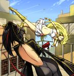  ankle_lace-up armlet armpits ass back_cutout battle bayonetta bayonetta_(character) beehive_hairdo black_hair blonde_hair blue_eyes bodysuit bracelet choker crop_top cross-laced_footwear crossover drawfag duel fingerless_gloves frilled_skirt frills glasses gloves grin gun hair_ribbon handgun jewelry long_hair midriff multiple_girls navel panty_&amp;_stocking_with_garterbelt panty_(psg) pistol red-framed_eyewear ribbon sandals skirt smile updo upside-down weapon 