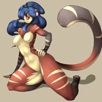  black-kalak blue_hair breasts feline female hair jaguarundi kneeling long_hair looking_at_viewer mammal nude pawpads smile solo 