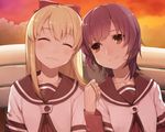  ^_^ blonde_hair blush brown_eyes closed_eyes dress forehead-to-forehead funami_yui hair_grab happy hitoto multiple_girls nanamori_school_uniform red_hair sailor_dress school_uniform serafuku smile toshinou_kyouko upper_body yuri yuru_yuri 