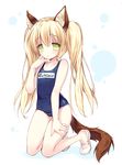  animal_ears bare_shoulders blonde_hair collarbone elin_(tera) emily_(pure_dream) green_eyes kneeling looking_at_viewer one-piece_swimsuit parted_lips school_swimsuit shoes skindentation swimsuit tail tera_online uwabaki 